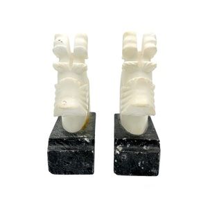 Antique Carved Alabaster Scottish Terrier Heads Bookends